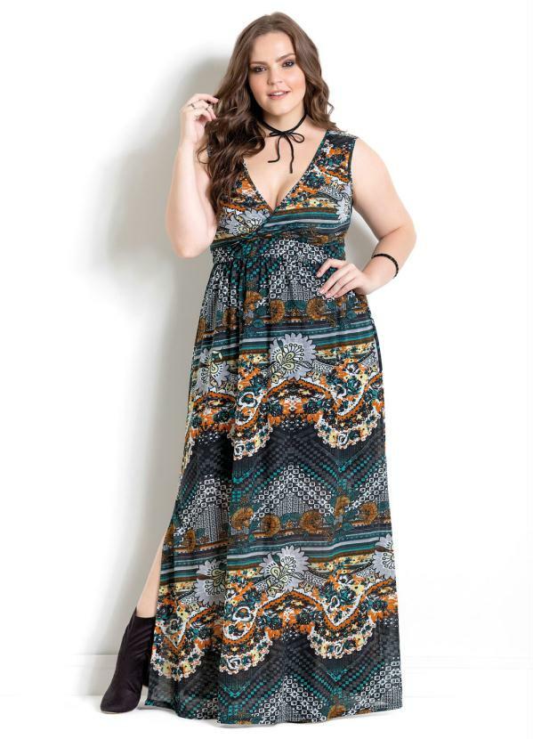 Quintess - Vestido Longo Quintess Étnico Plus Size