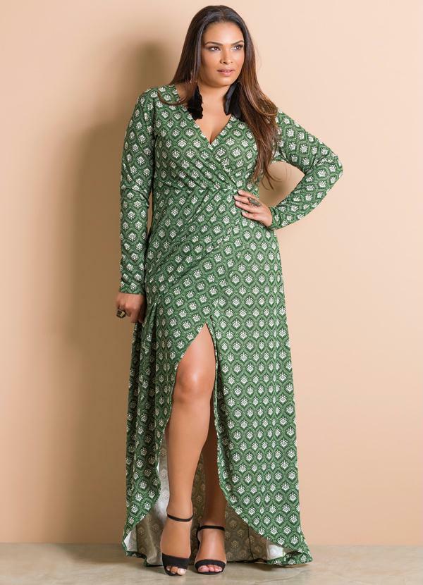 Plus Size Vestido Longo Florido Verde Vestido Longo Transpassado