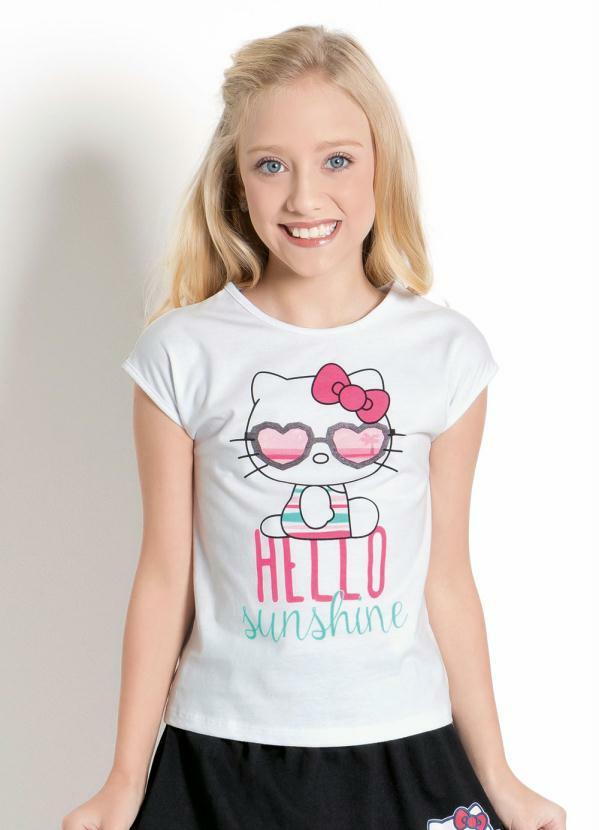 Hello Kitty - Blusa Branca Hello Kitty com Manga Curta
