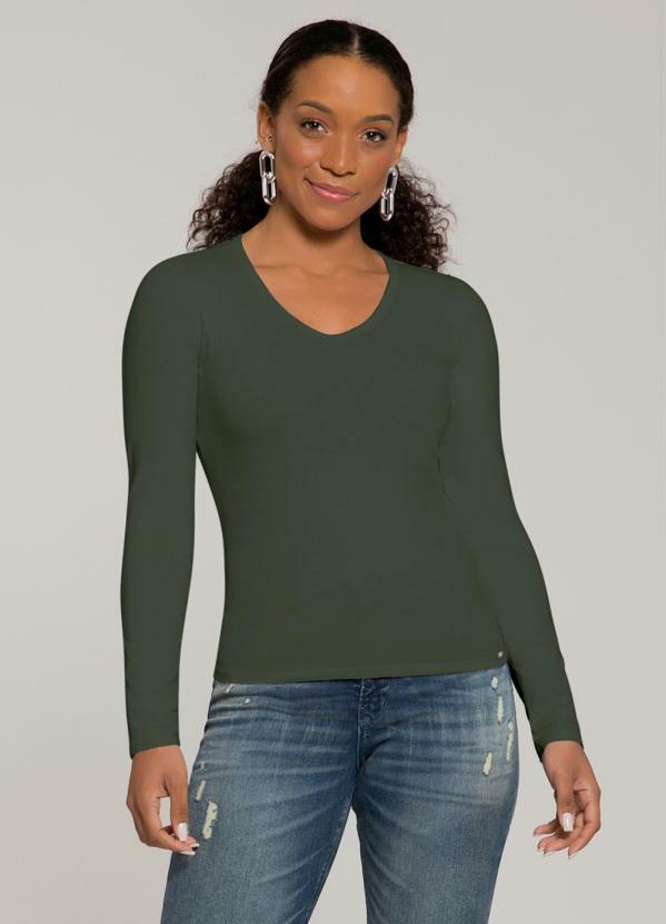 Lunender - Blusa Manga Longa Básica Decote V Verde
