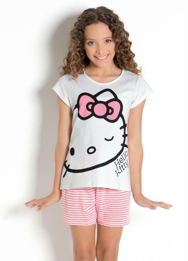 Hello Kitty - Pijama Branca Listrado Hello Kitty