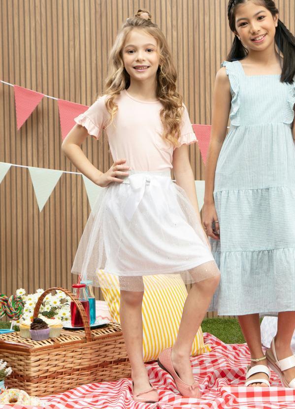 Queima Estoque - Saia Infantil Branca com Elástico e Tule Prata 5