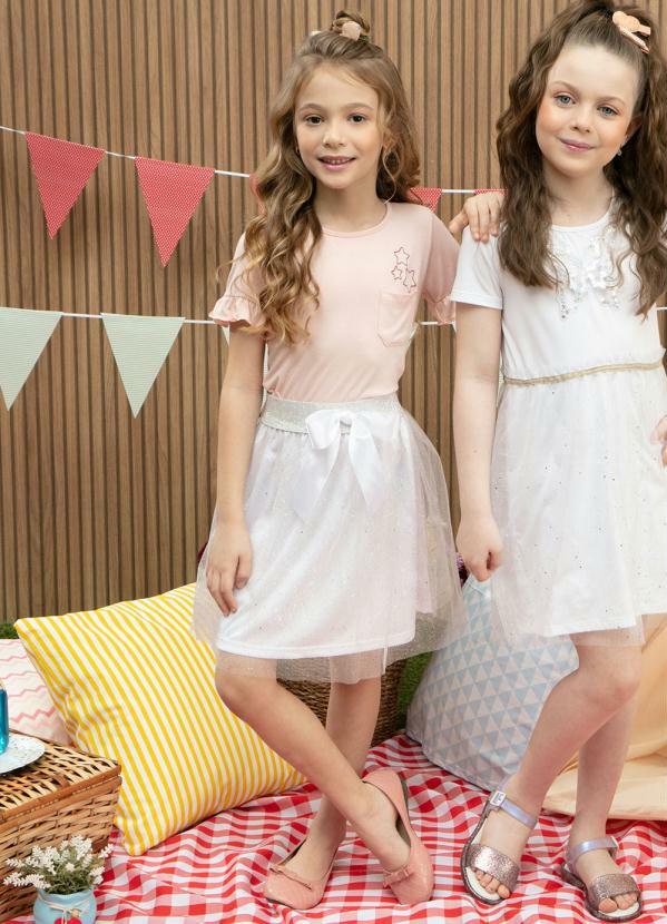 Queima Estoque - Saia Infantil Branca com Elástico e Tule Prata 6