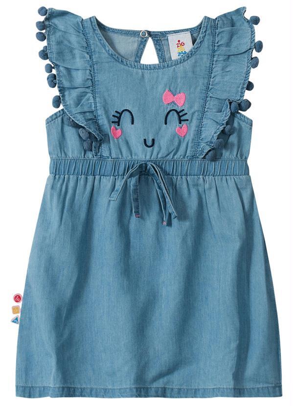 Zig Zig Zaa - Vestido Azul Claro em Denim com Bordado Menina