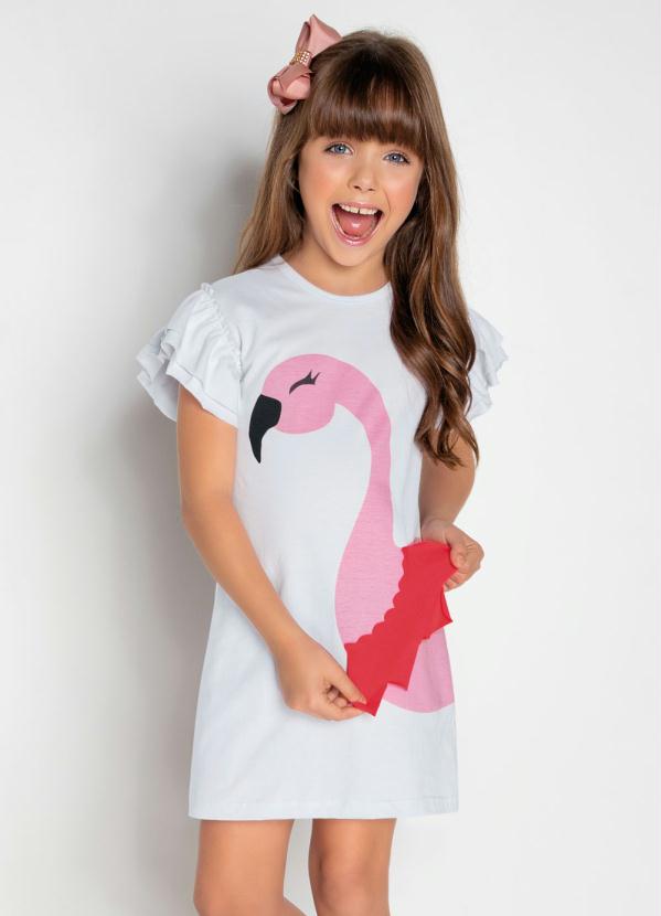 Moda Pop - Vestido de Flamingo com Babados Branco