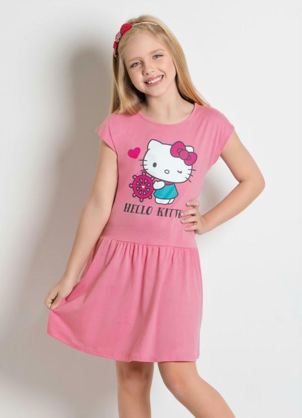 Hello Kitty - Vestido Hello Kitty Rosa com Manga Curta