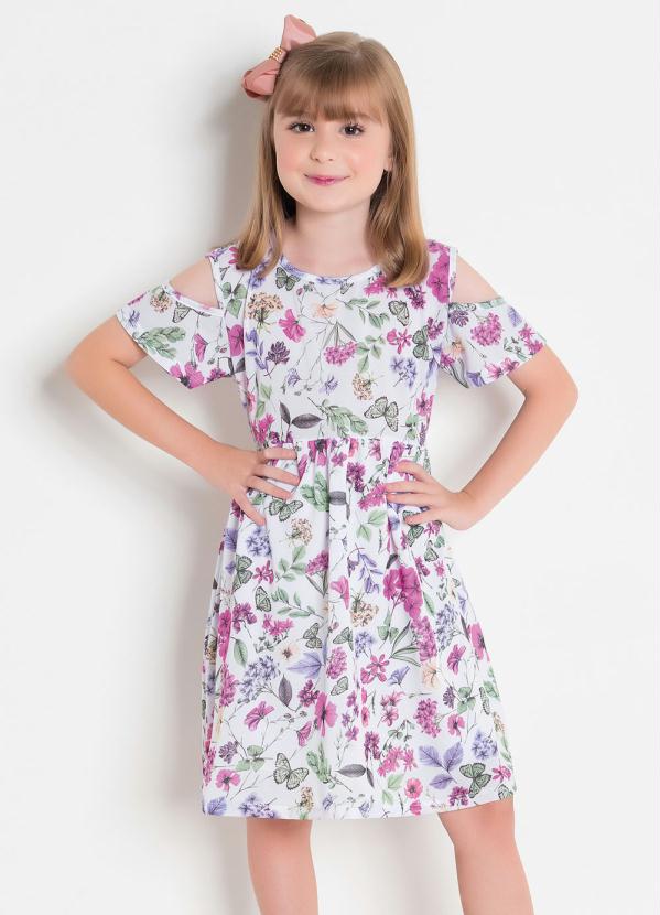 Moda Pop - Vestido Infantil Floral com Abertura no Ombro