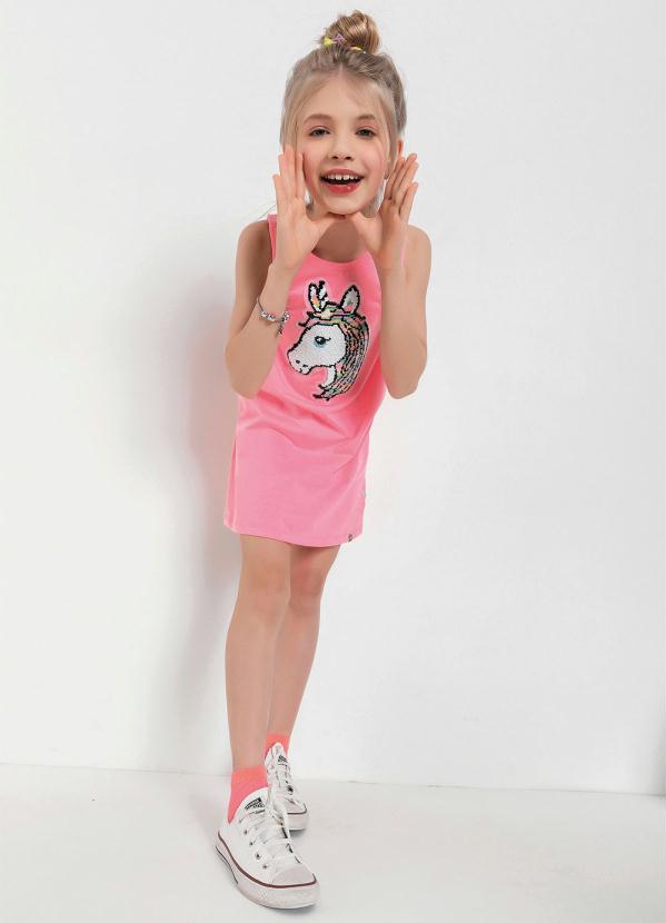 Outlet - Vestido Infatil Rosa Neon com Aplique