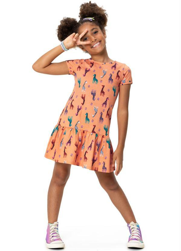 Malwee Kids - Vestido Laranja Animaizinhos Evasê Menina