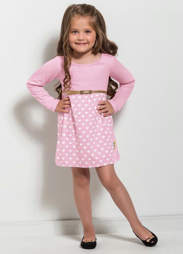 Outlet - Vestido Rosa com Estampa Frontal de Corações