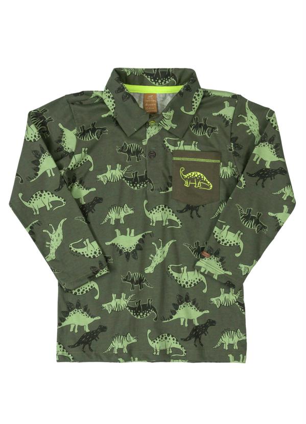 Up Baby - Camisa Polo Manga Longa Dinossauro Verde