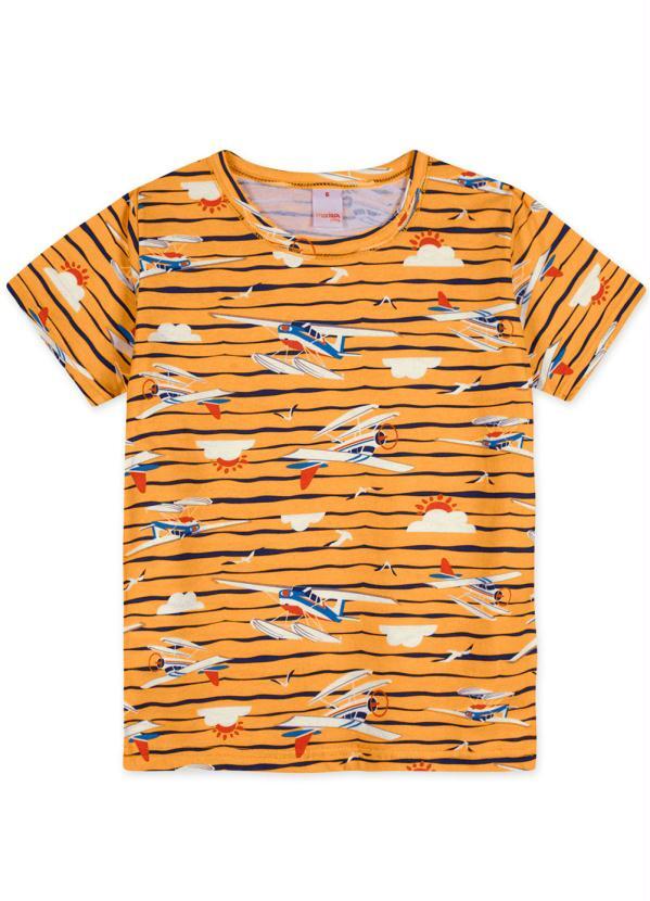 Marisol Play - Camiseta Aviões Manga Curta Malha Laranja