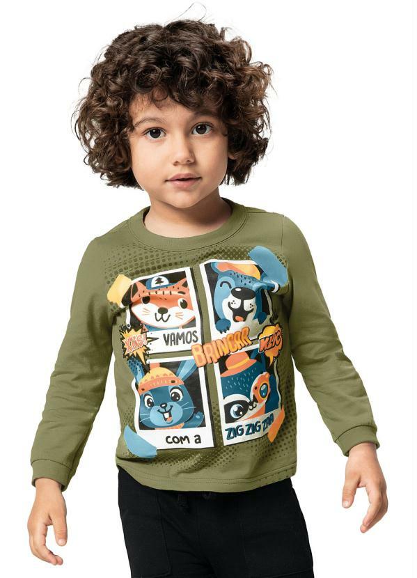 Zig Zig Zaa - Camiseta Verde Musgo Urso em Puff Menino