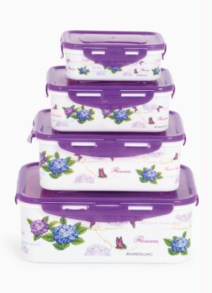 Mundo Lar - Kit Potes Retangulares Floral Roxo 4 Peças - MUNDO LAR
