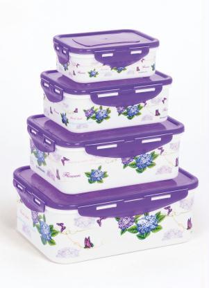 Mundo Lar - Kit Potes Retangulares Floral Roxo 4 Peças - MUNDO LAR