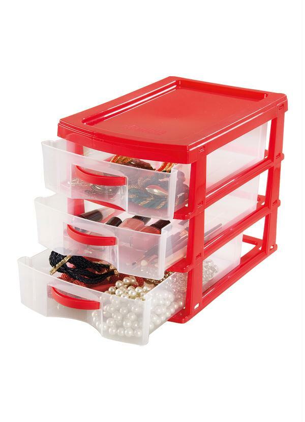 Lar e Lazer - Gaveteiro Vermelho/Transparente com 3 Gavetas