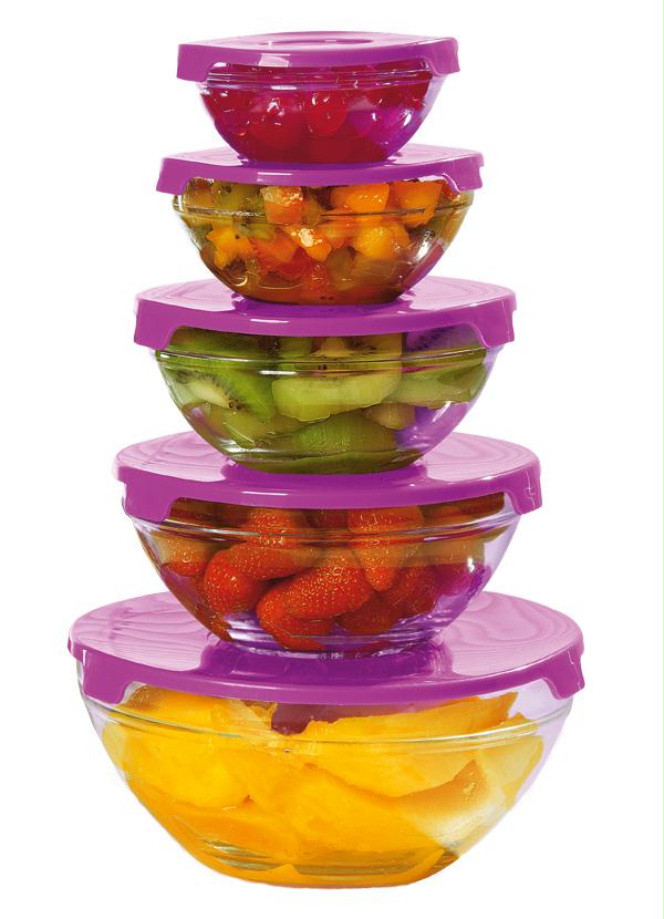 Lar e Lazer - Kit com 5 Tigelas de Vidro e Tampa Lilás